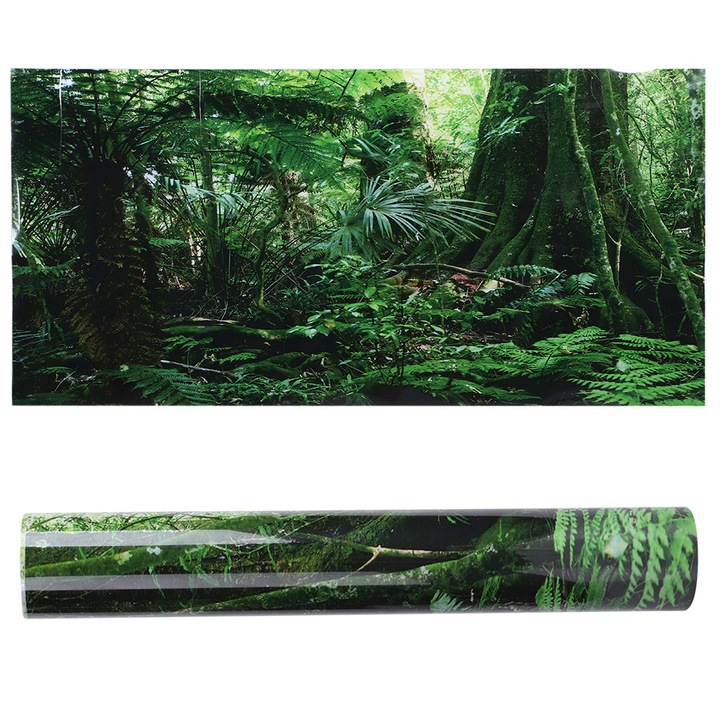 Poster decorativ autoadeziv pentru acvariu, fundal padure tropicala, 122x46cm, multicolor