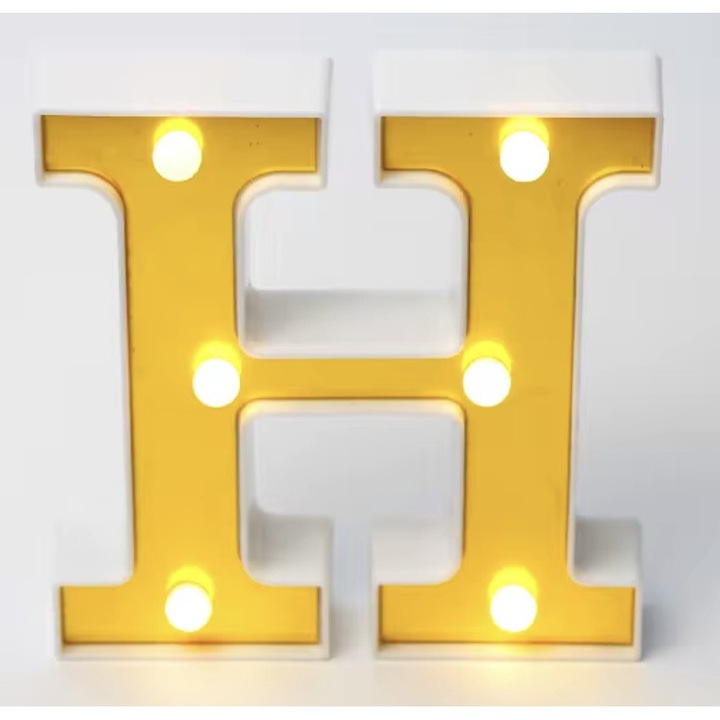 Litera Volumetrica Luminoasa "H", LED Alb Cald, Plastic Alb/Auriu, 16 cm