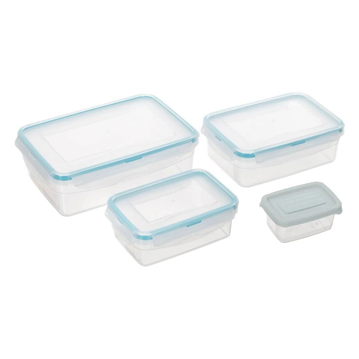 Set 4 Recipiente Alimente, Inchidere Etansa cu 4 Clapete, 120ml - 1400ml, Transparent cu Detalii Albastru si Gri