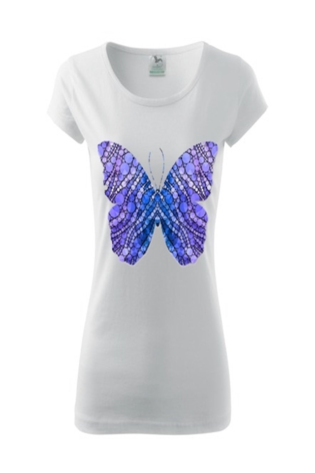 Tricou Dama Personalizat „Fluture albastru”, e-textilbrom, bumbac, marime S, culoare alb