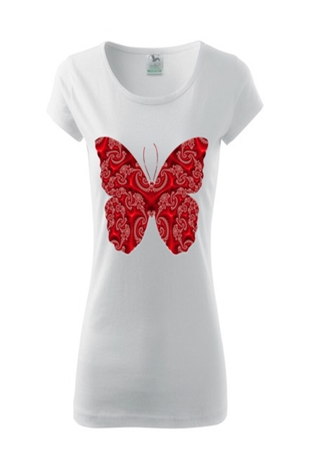 Tricou Dama Personalizat „Fluture rosu”, e-textilbrom, bumbac, marime S, culoare alb