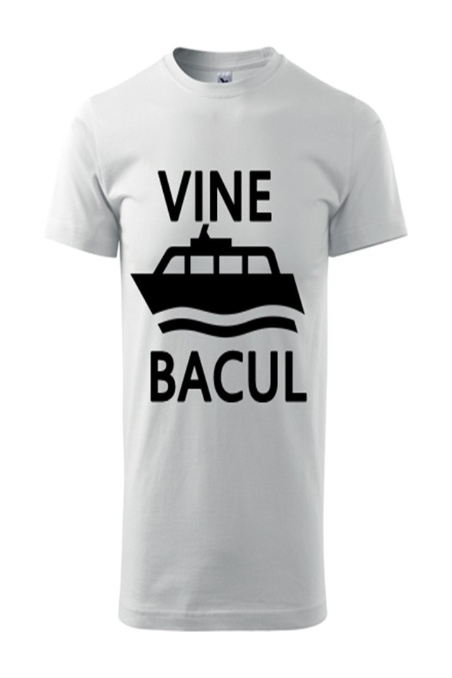 Tricou Unisex Personalizat „Vine Bacul”, e-textilbrom, bumbac, marime M/L, culoare alb