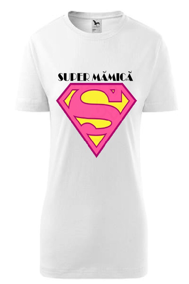 Tricou Dama Personalizat „Zodia Super Mamica, e-textilbrom, bumbac, marime S-M, culoare alb