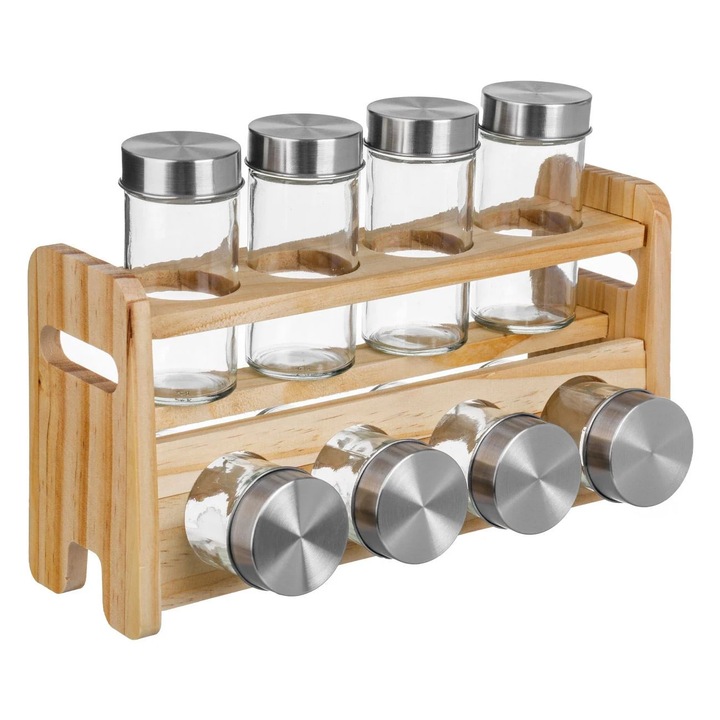 Suport Condimente din Lemn cu 8 Borcane Sticla, Capace Metalice Argintii, Organizator Bucatarie 26x11.5x18 cm