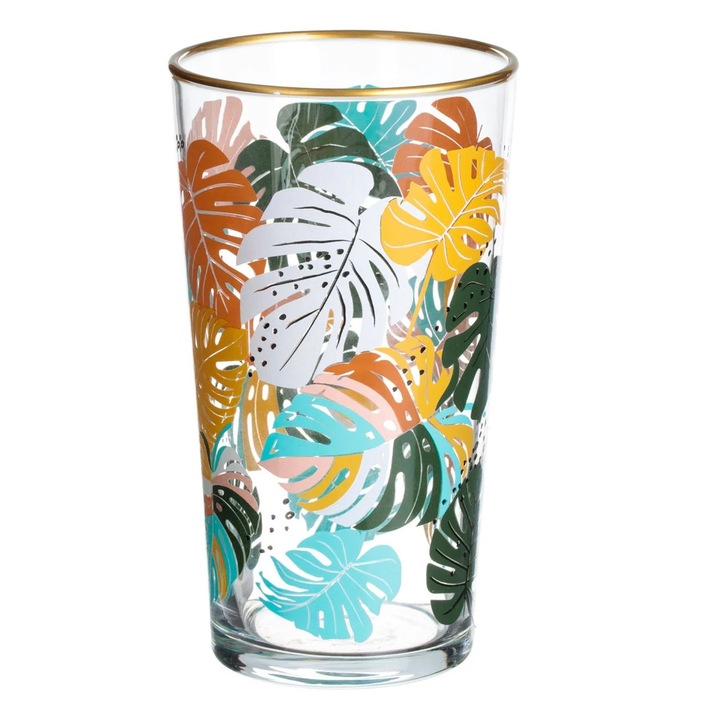 Pahar din Sticla 'Tropical' cu Margine Aurie, 570ml, Model Frunze Tropicale