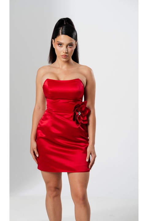 Rochie mini ANTONIA cu floare in talie, Rosu