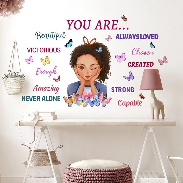 YANYXR BCS3069180 fali matrica, inspiráló lányos matrica lány illusztrációval és pillangókkal, többszínű, 58 x 90 cm, PVC