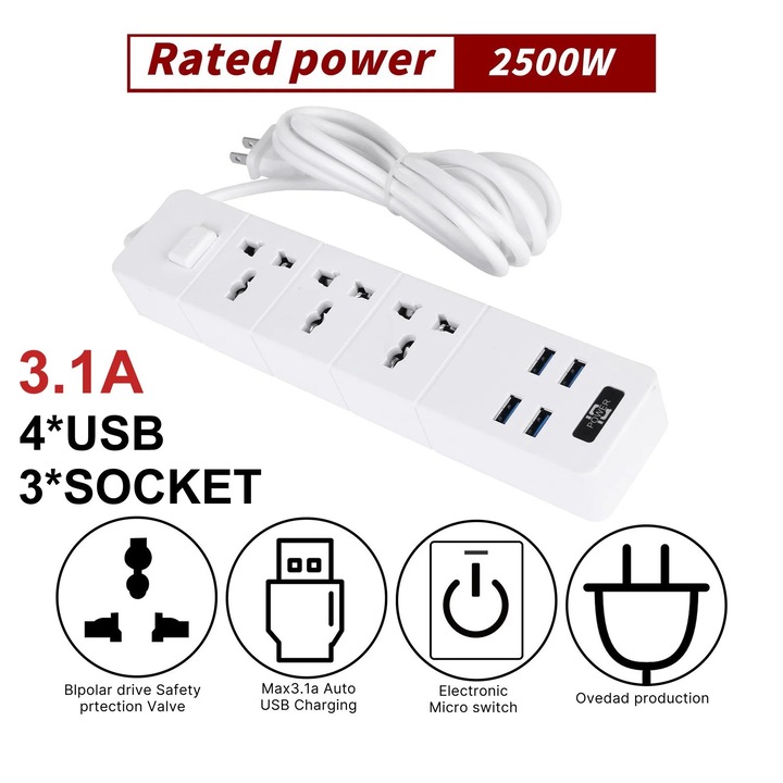 YANYXR elosztó 3 aljzattal 4 USB porttal multifunkcionális fehér 1.8m