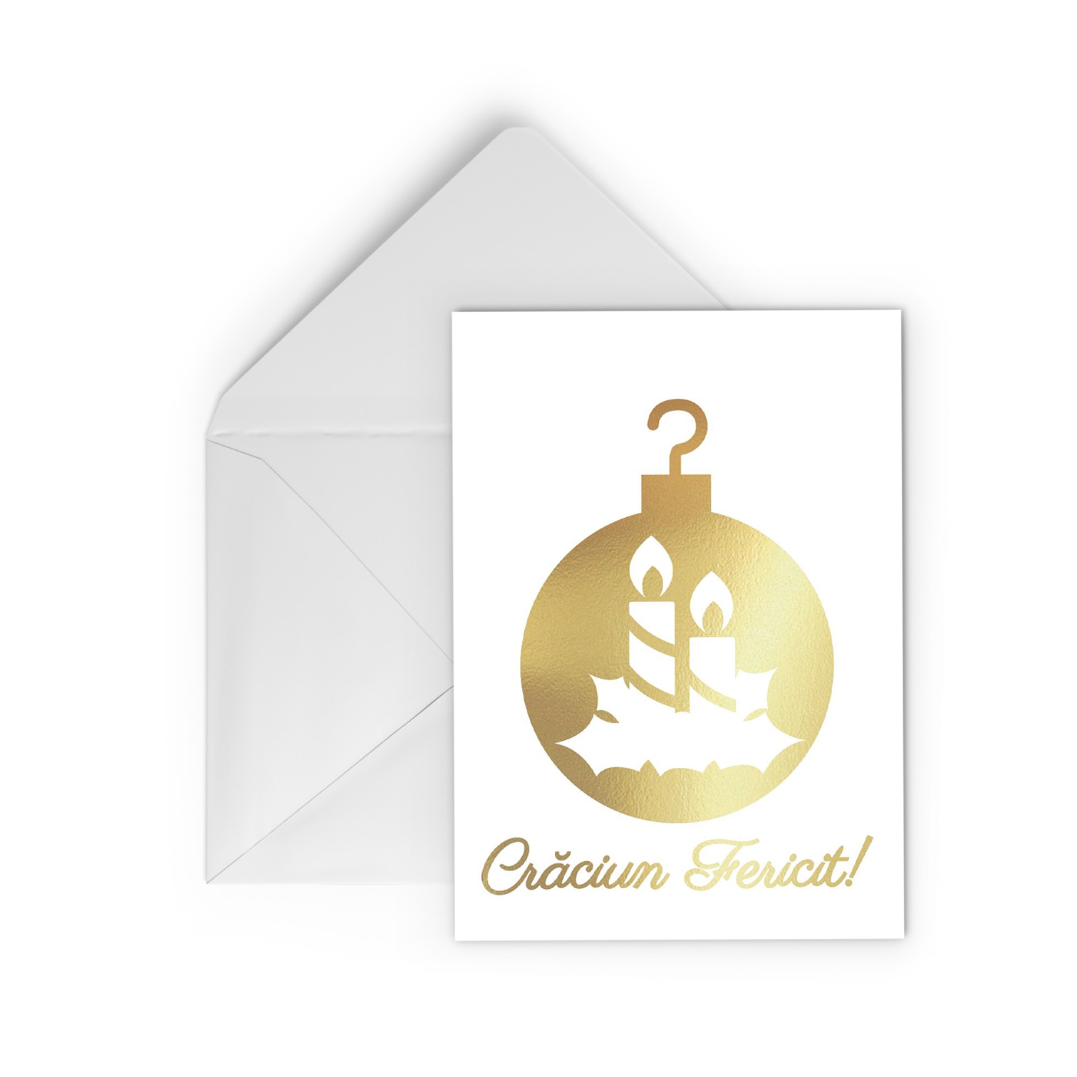 Felicitare Glob cu Brad de Craciun, colaj metalic auriu, cadou de Craciun