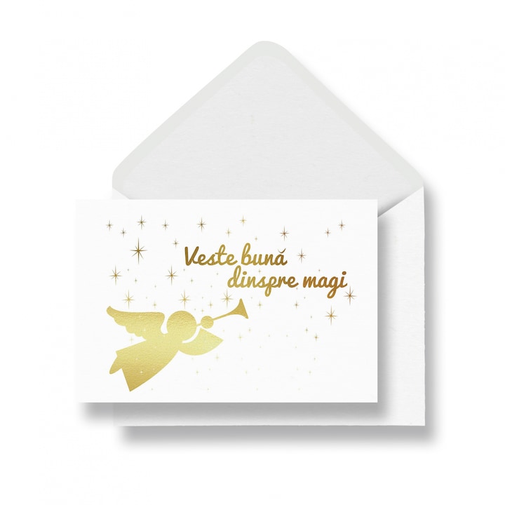 Felicitare cu plic, Veste Buna, colaj metalic auriu, cadou de Craciun