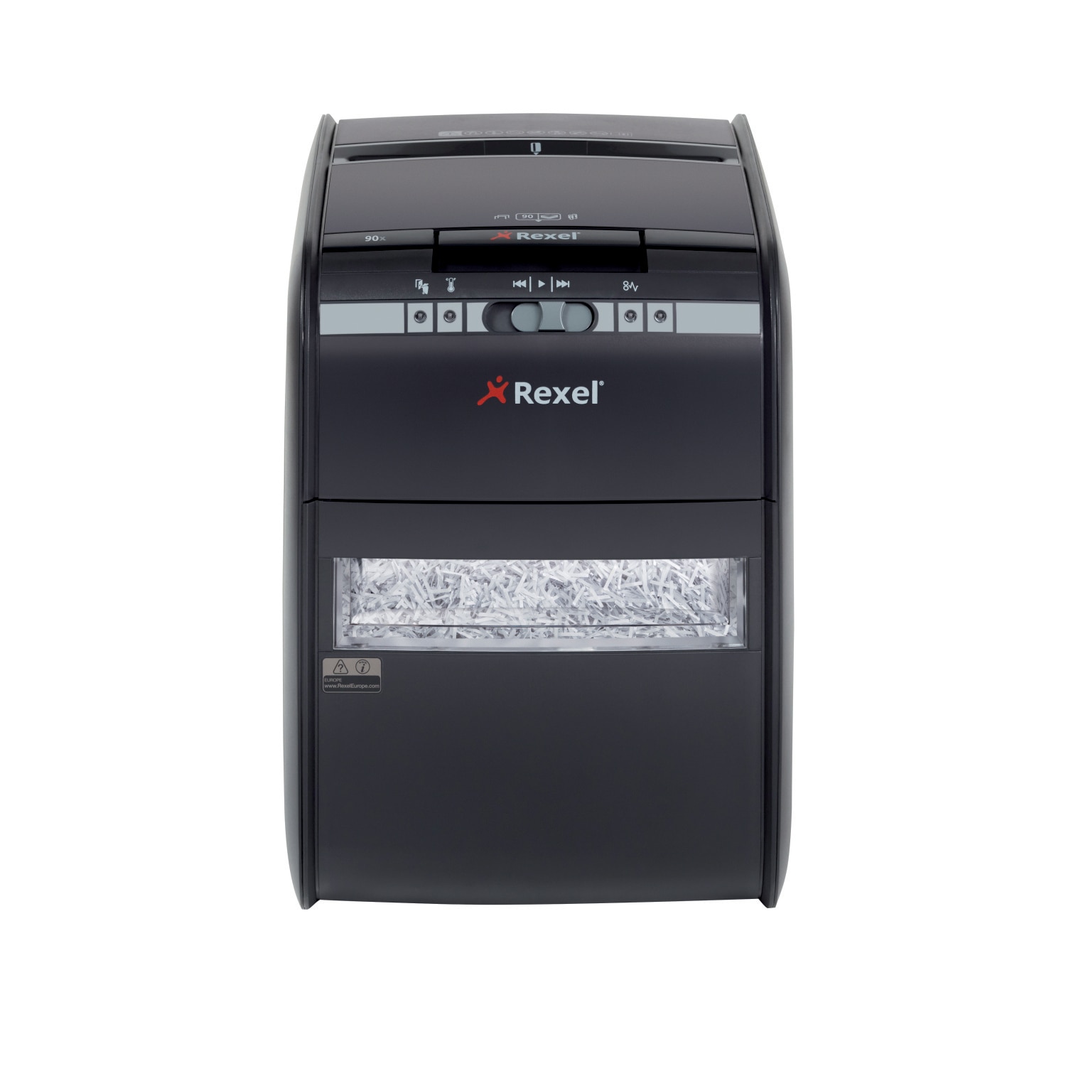 Distrugator documente automat REXEL AUTO+ 90X, P3, cross-cut (confeti), 90 coli, cos 20l, negru