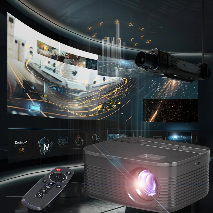 Videoproiector portabil LED YANYXR T11, wireless, HD 1080p, negru, 11.4x9.1x5.1cm