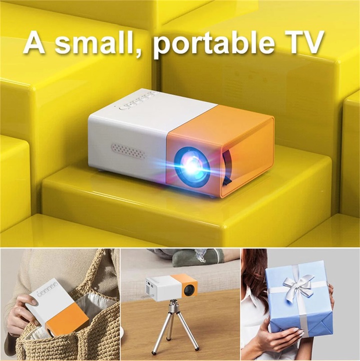 Мини преносим 1080P видео проектор, проекция 24"-60", USB/HDMI свързаност, пълен комплект