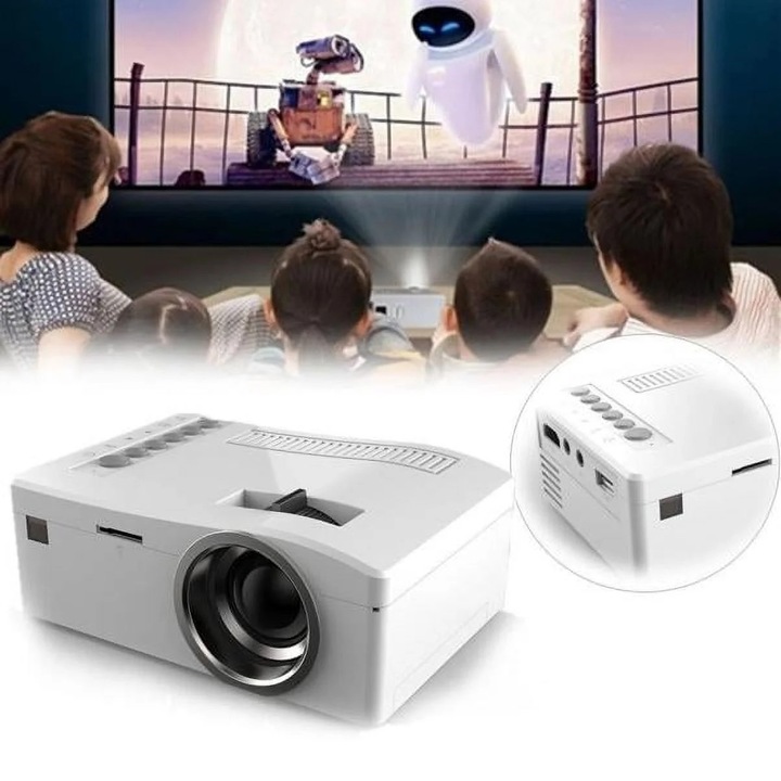Мини 1080P HD видео проектор, 400lm, преносим, с HDMI и USB, размери 117x84x43mm, пълен комплект