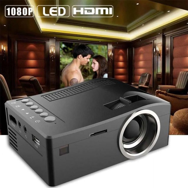 Мини 1080P HD видео проектор, 400lm, преносим, с HDMI и USB, размери 117x84x43mm, пълен комплект