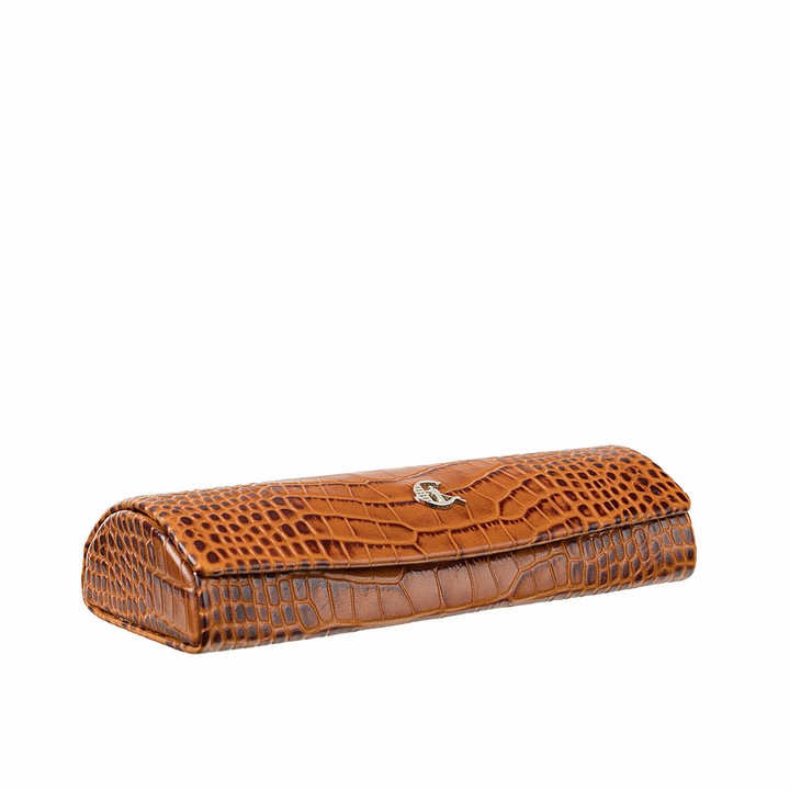 Etui pentru ochelari, Canaletto, Piele naturala, Model crocodil, Maro
