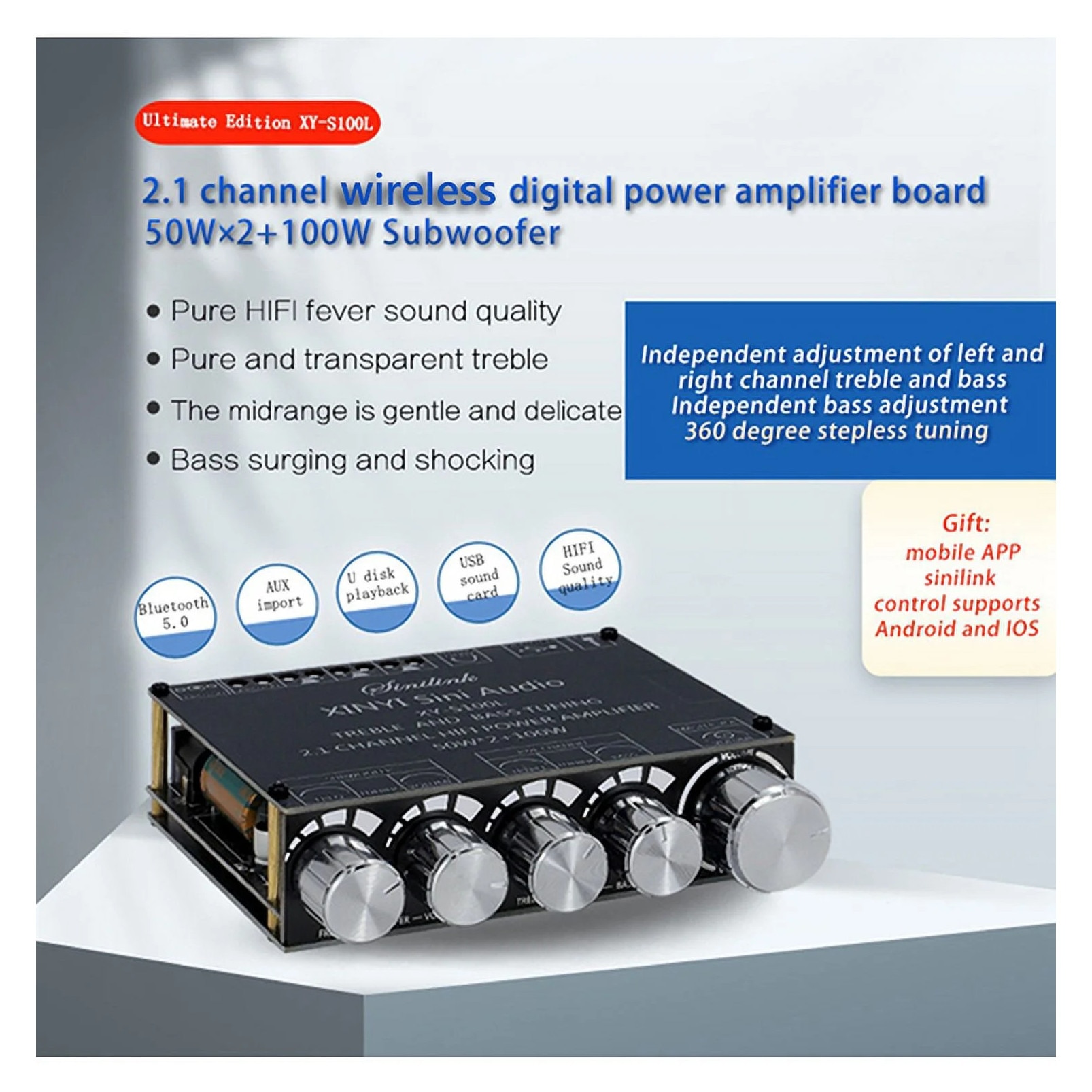 Amplificator audio 2.1 canal, XY-S100L, 2x50W + 100W, Bluetooth