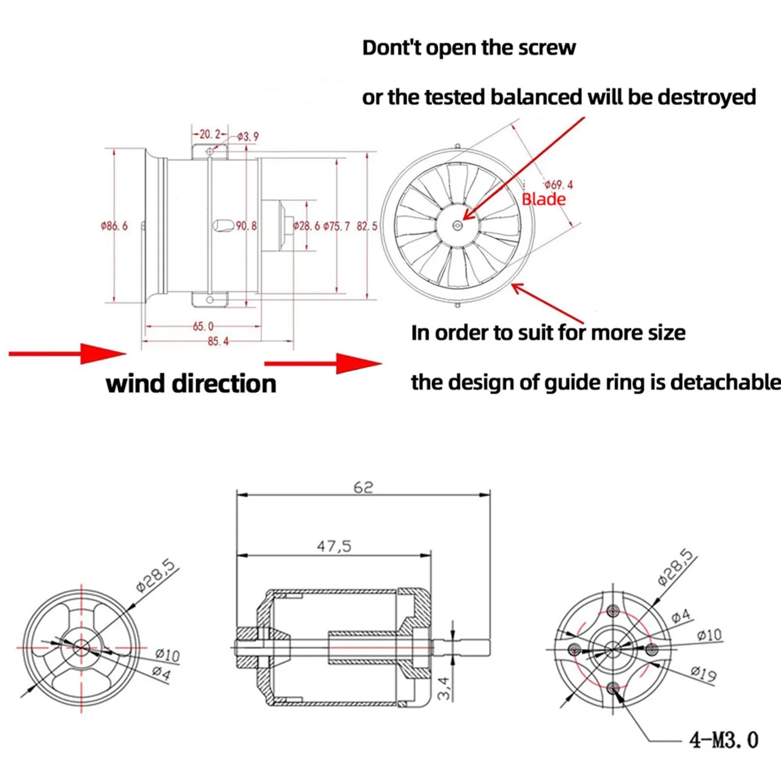 Ventilator EDF 70mm, 3400KV/2300KV, 12 palete, pentru aeronave RC