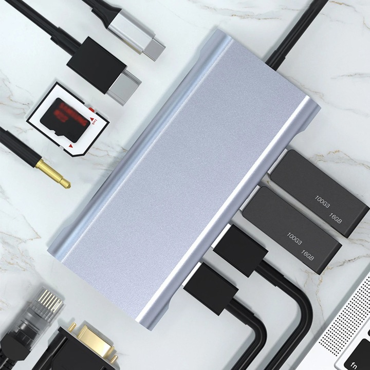 Докинг станция USB-C YANYXR 11 в 1, HDMI 4K, VGA 1080P, 4 USB 3.0, сива, 12x5.6x1.7cm