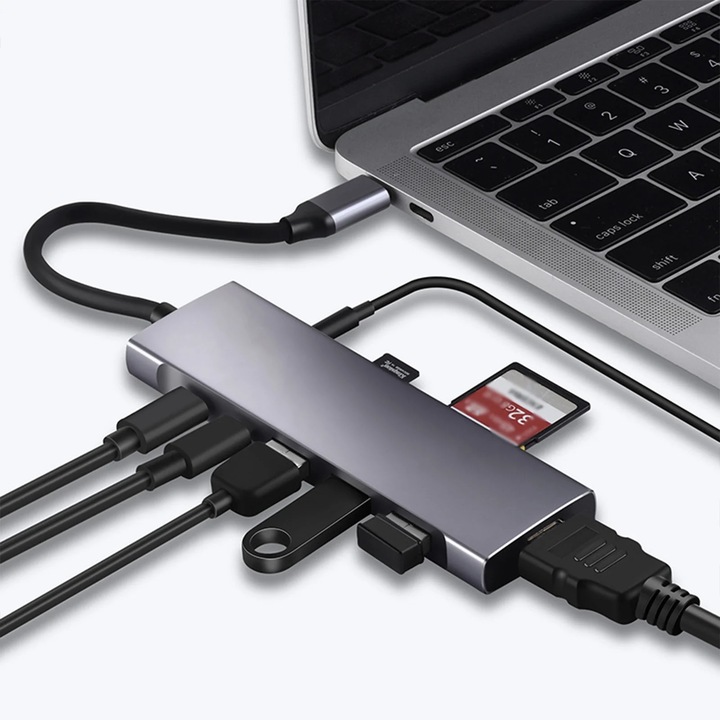 Докинг станция USB-C YANYXR 9 в 1, HDMI 4K, 3 USB порта, сива, 11.5x3.5x1.2см
