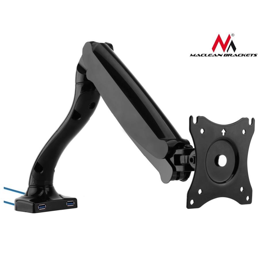 Suport de birou pentru monitor, TV, LCD / LED , brat reglabil, 13 - 27 inch, 2 porturi USB 3.0, Negru