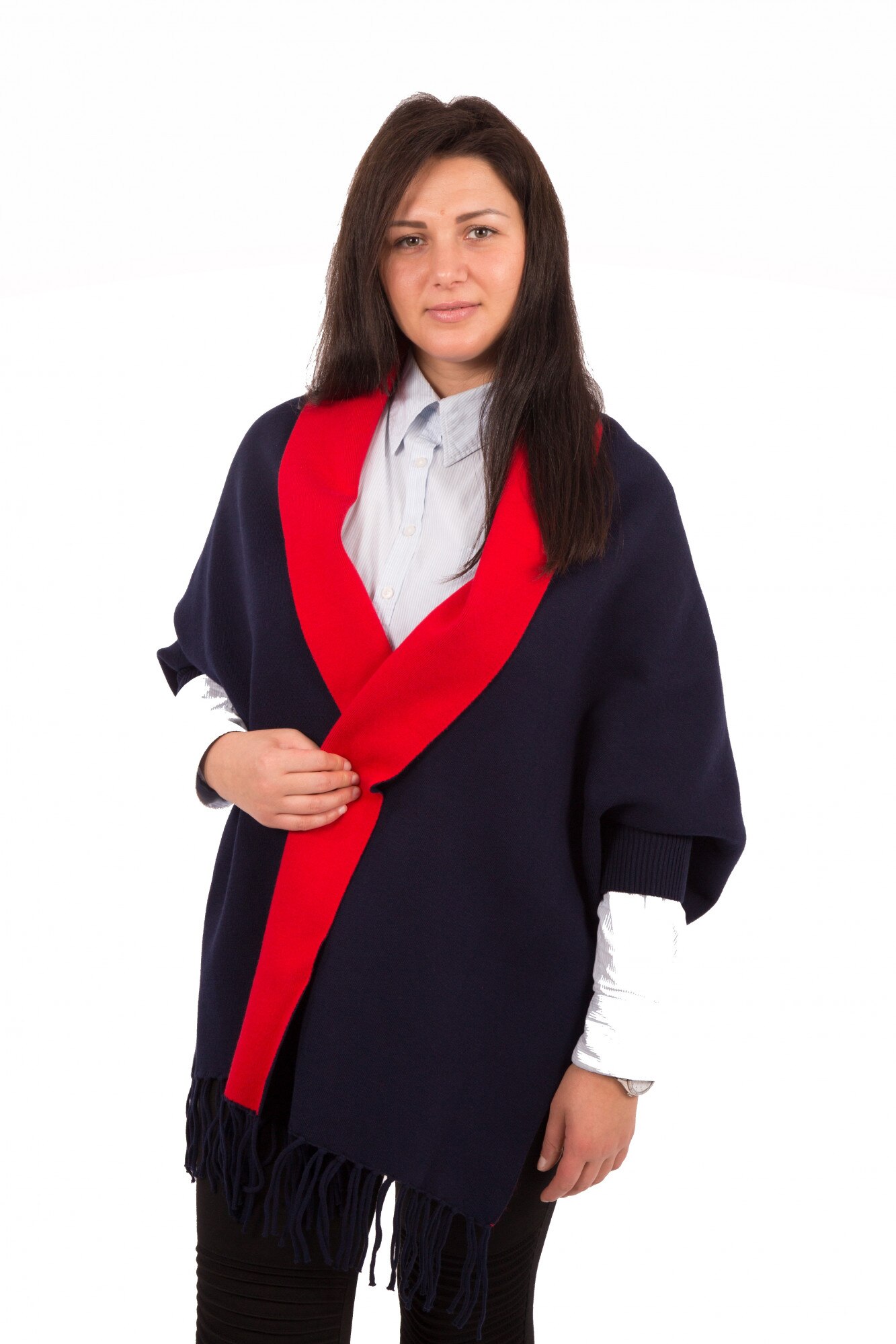 Ponch-cardigan L-line, cu franjuri,one size, Bleumarin/Rosu, One Size