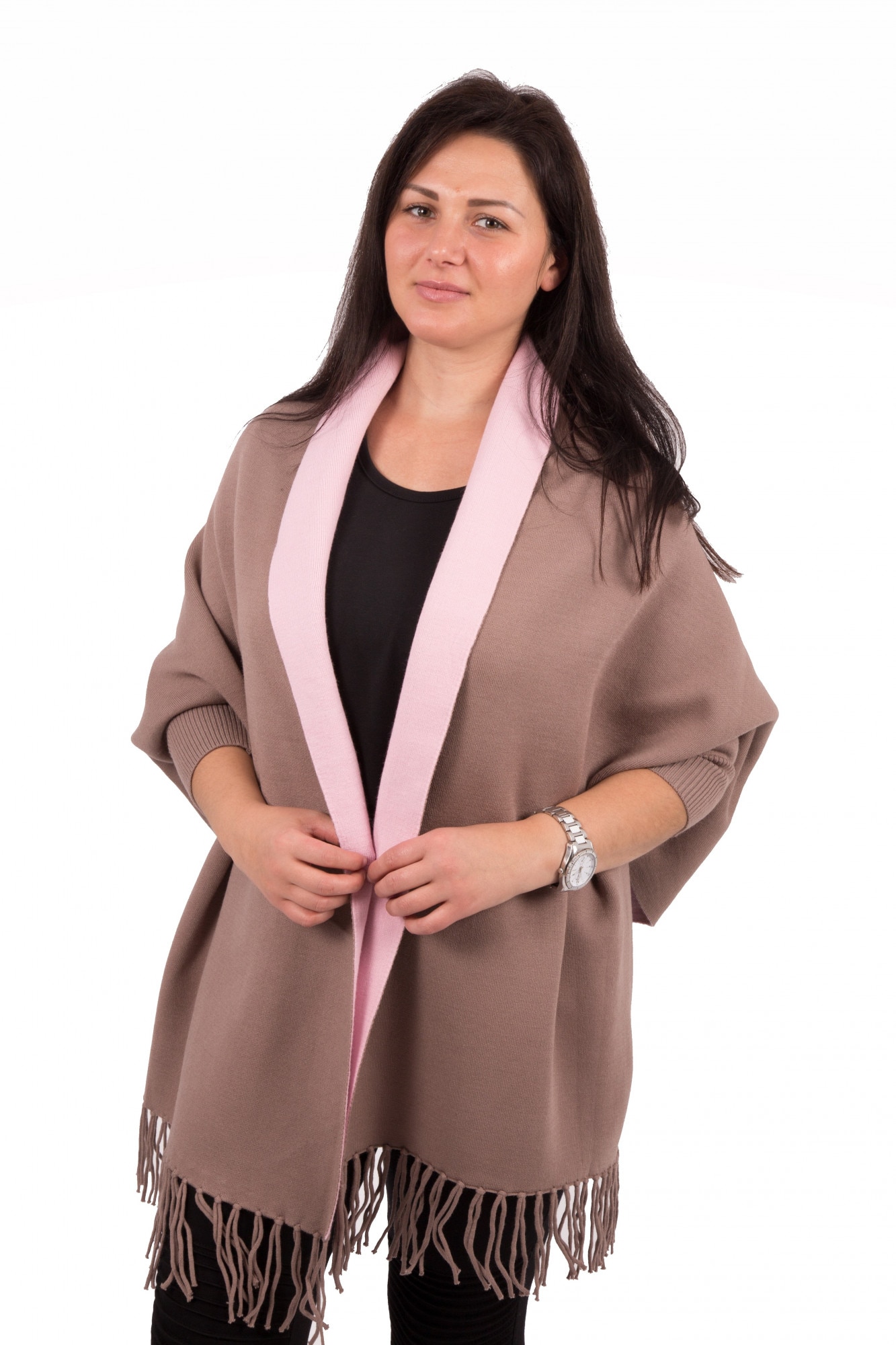 Ponch-cardigan L-line, cu franjuri,one size, Bej/Roz, One Size