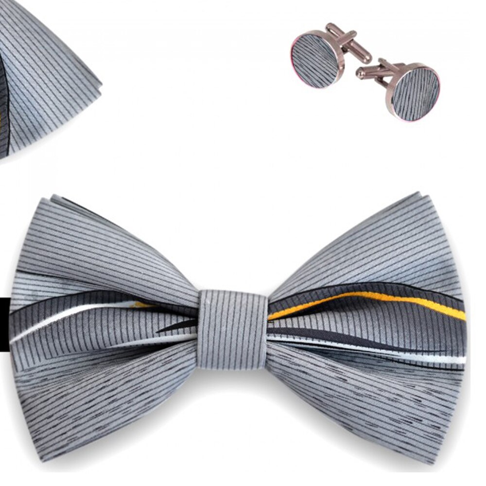 Set papion barbati, batista, butoni, gri, model frunze lungi palmier