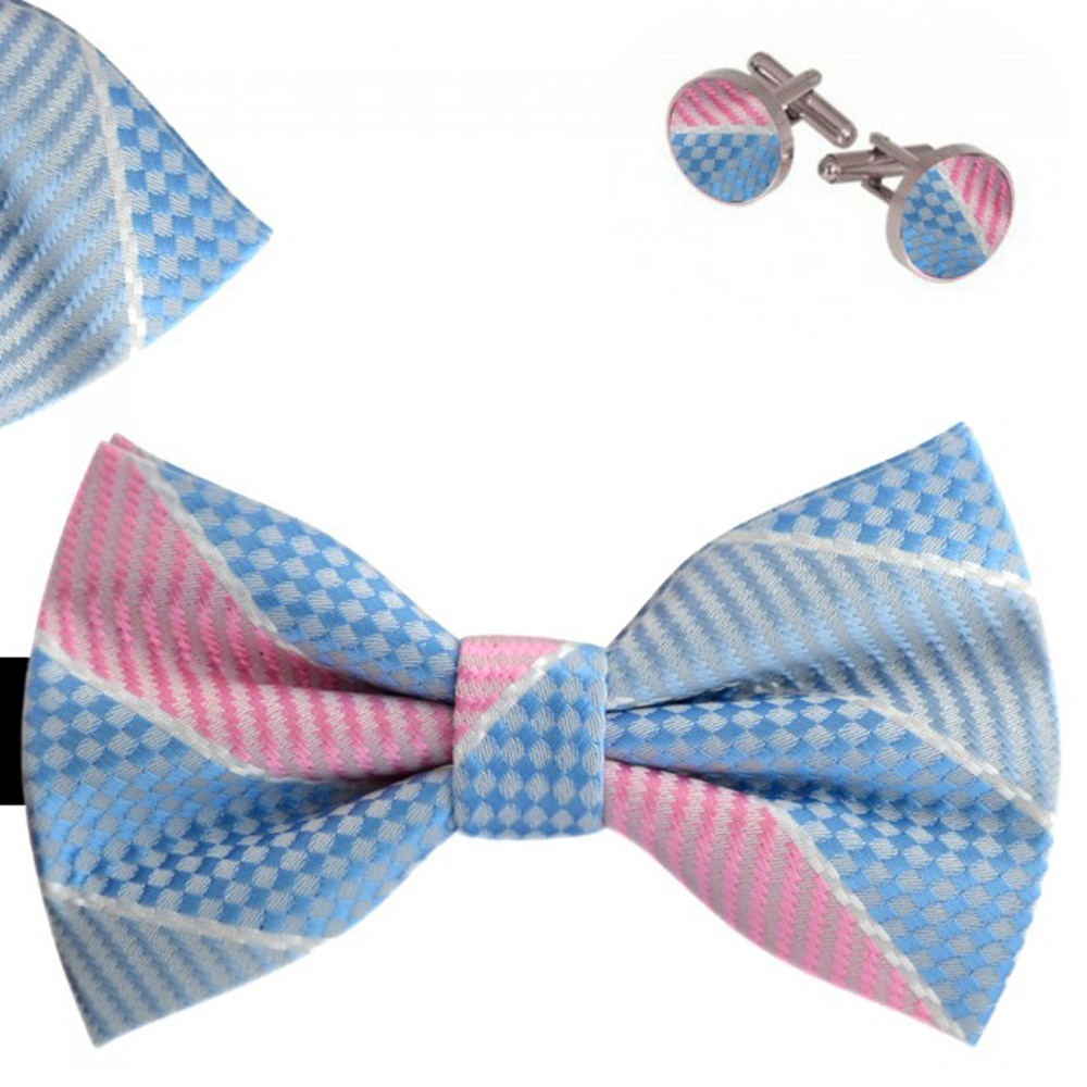 Set papion barbati, batista, butoni, albastru, embosat