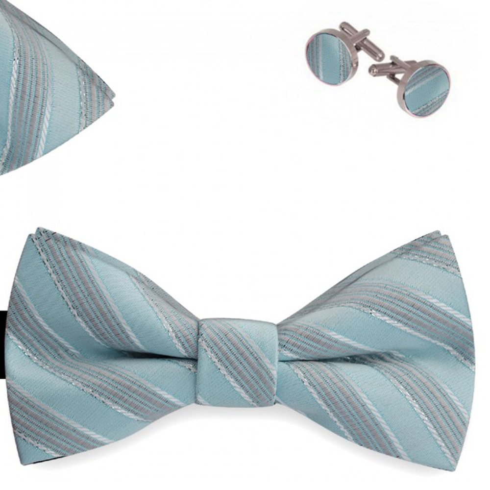 Set papion barbati, batista, butoni, albastru, broderie aplicata drug oblic
