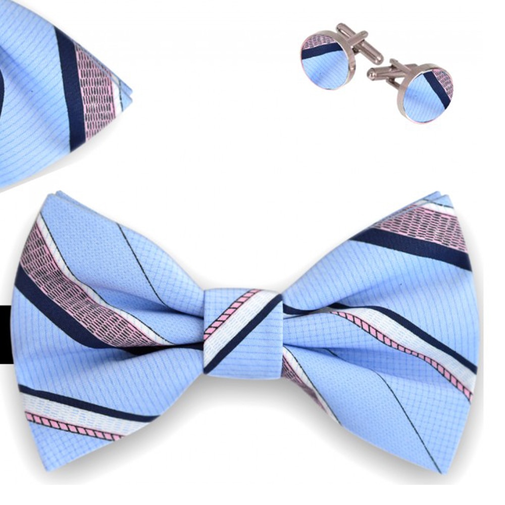 Set papion barbati, batista, butoni, albastru, model dungi stilizate delicat