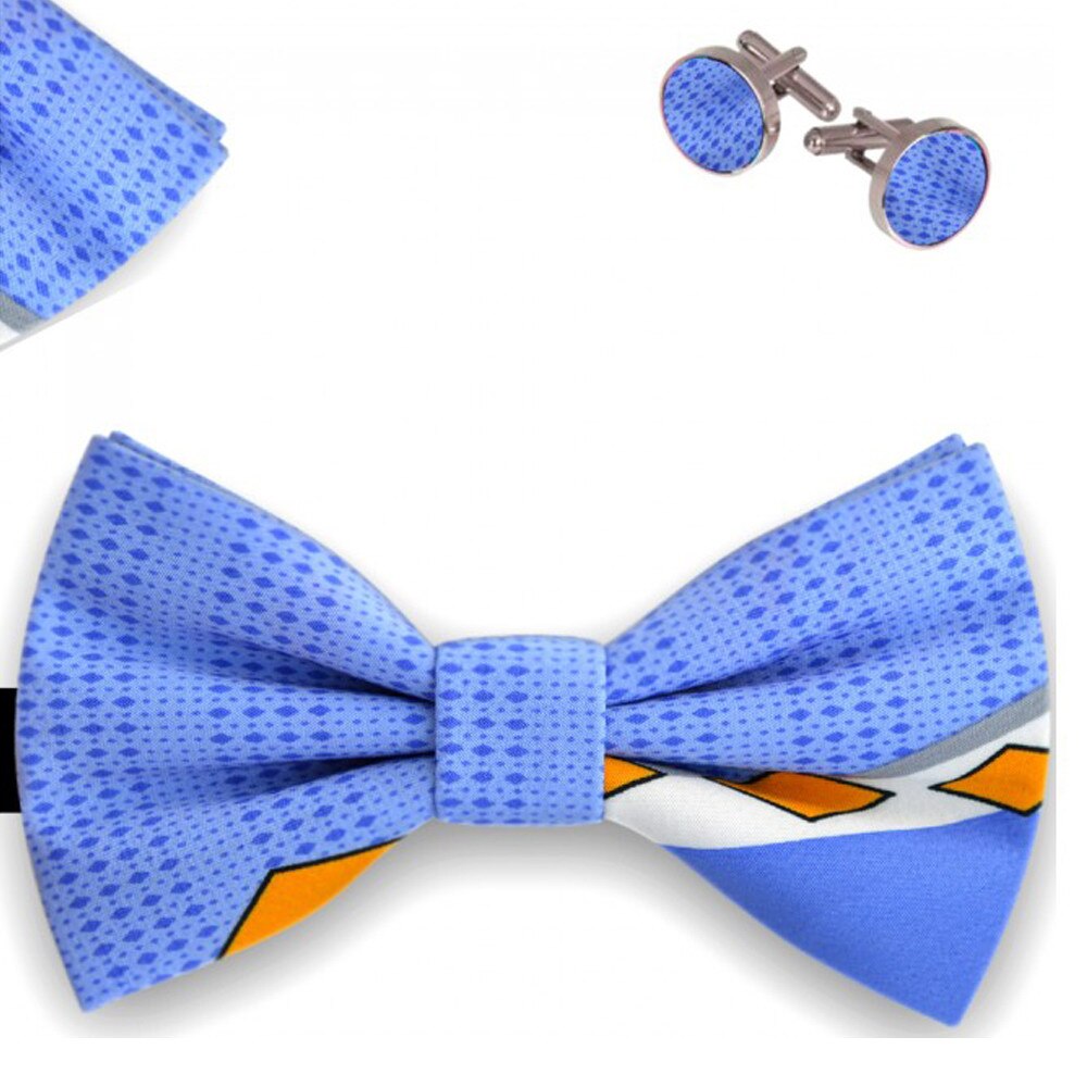 Set papion barbati, batista, butoni, albastru, romburi diverse dimensiuni