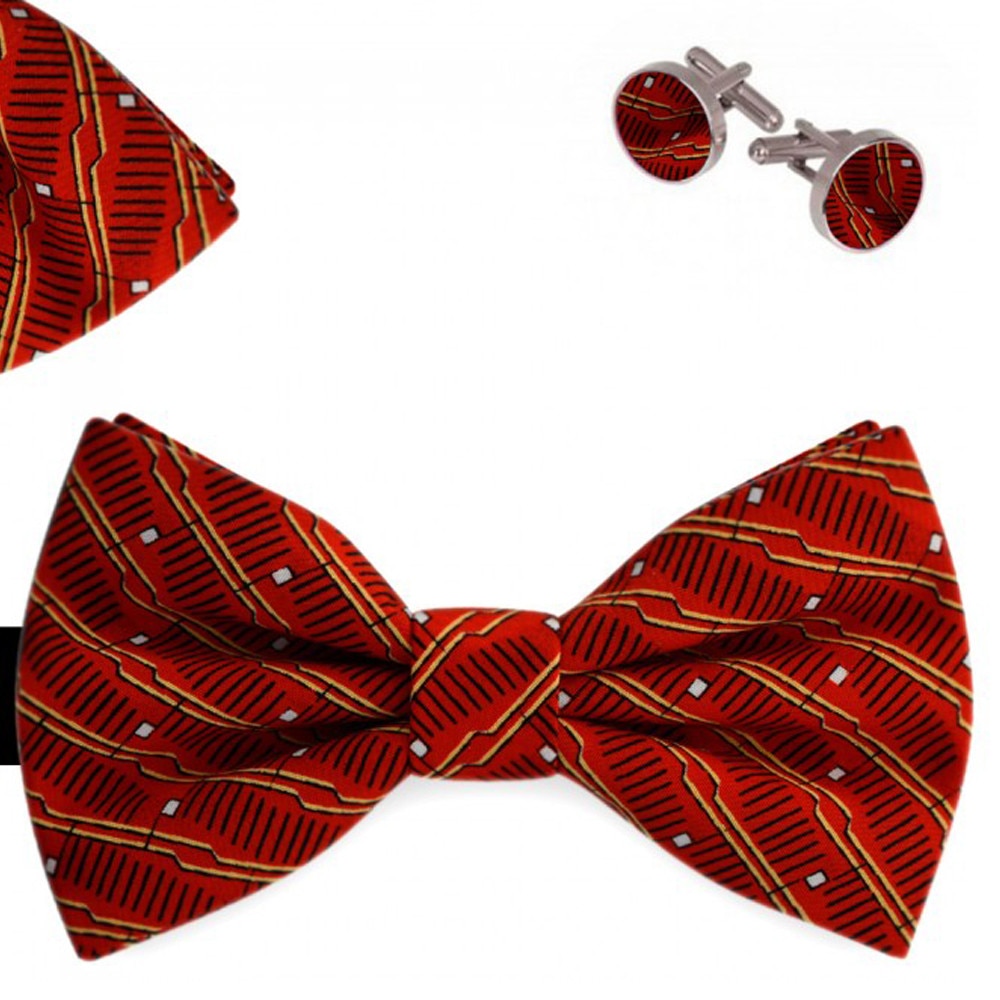 Set papion barbati, batista, butoni, rosu, model stilizat