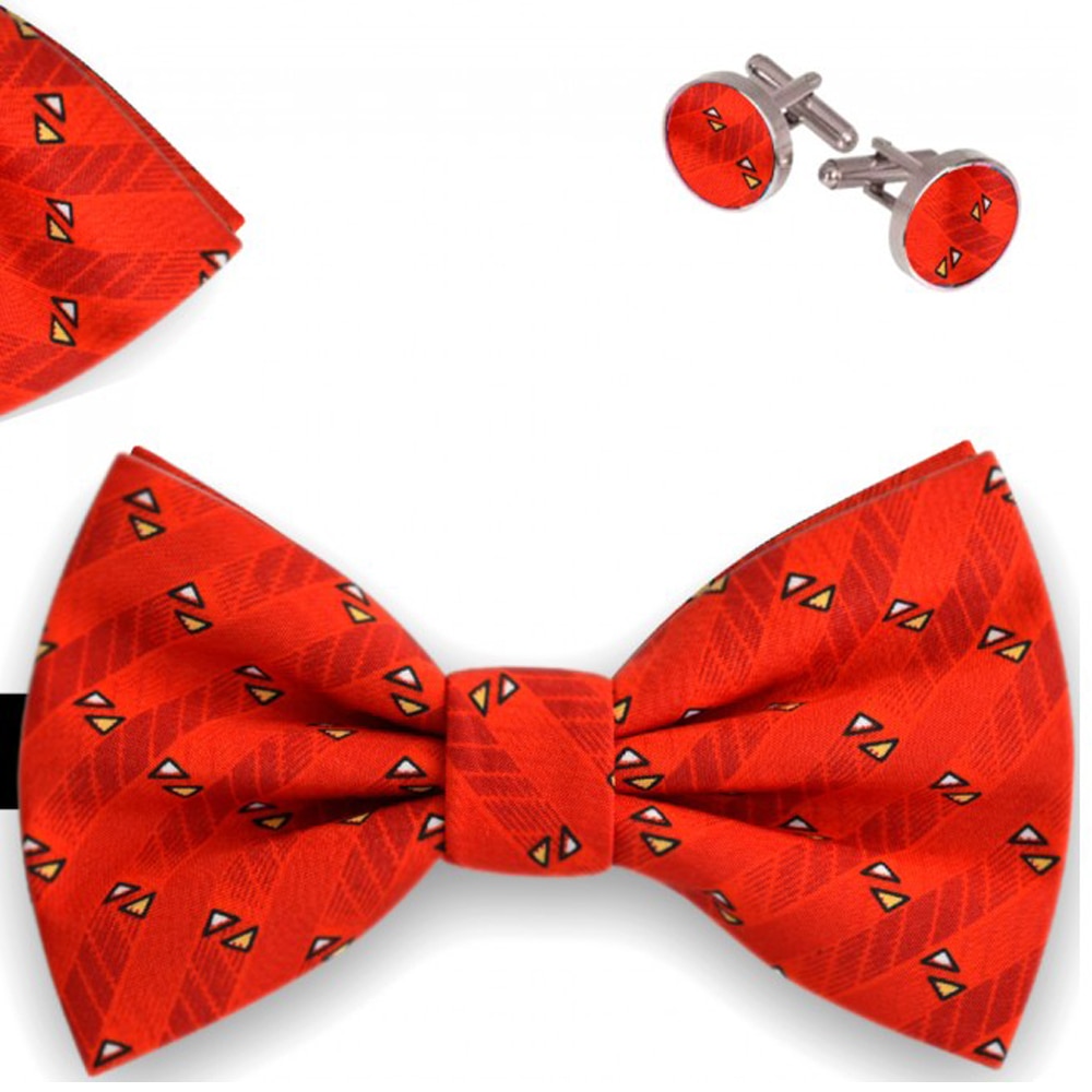 Set papion barbati, batista, butoni, rosu, model triunghiuri