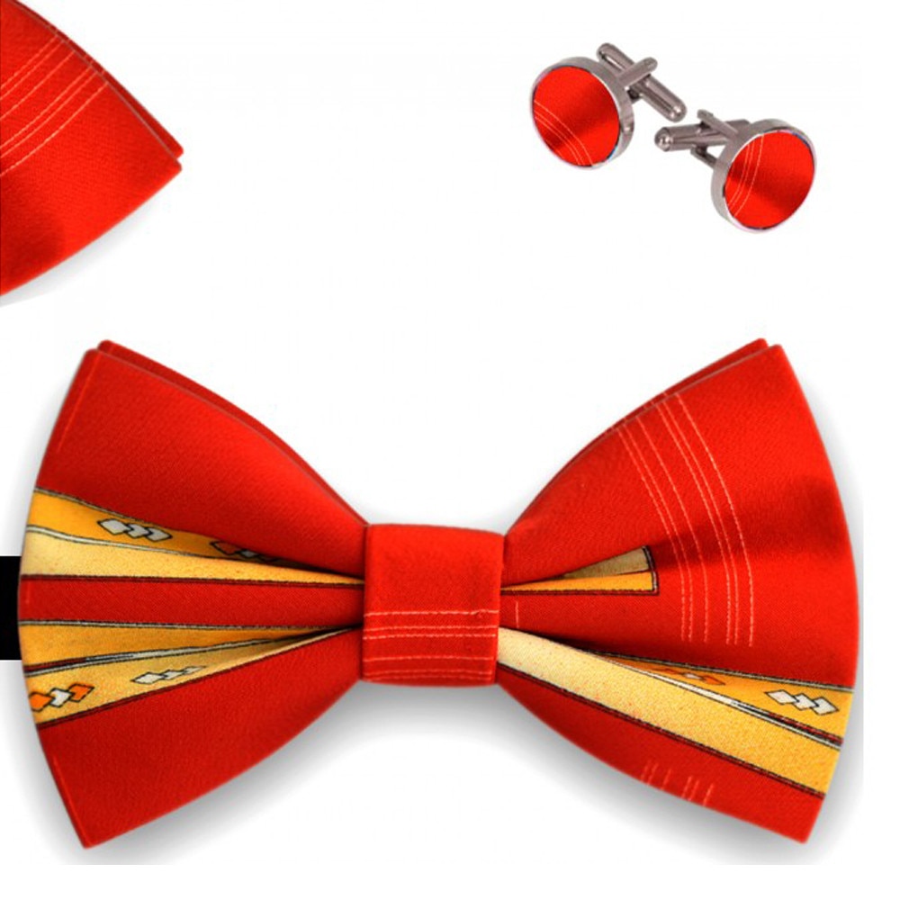 Set papion barbati, batista, butoni, rosu, insertii galbene