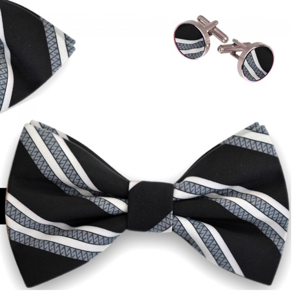 Set papion barbati, batista, butoni, negru, model dungi oblice