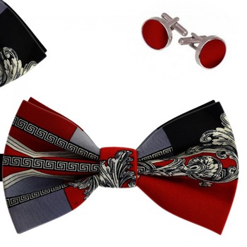 Set papion barbati, batista, butoni, rosu, model baroc Set papion barbati, batista, butoni, rosu, model baroc