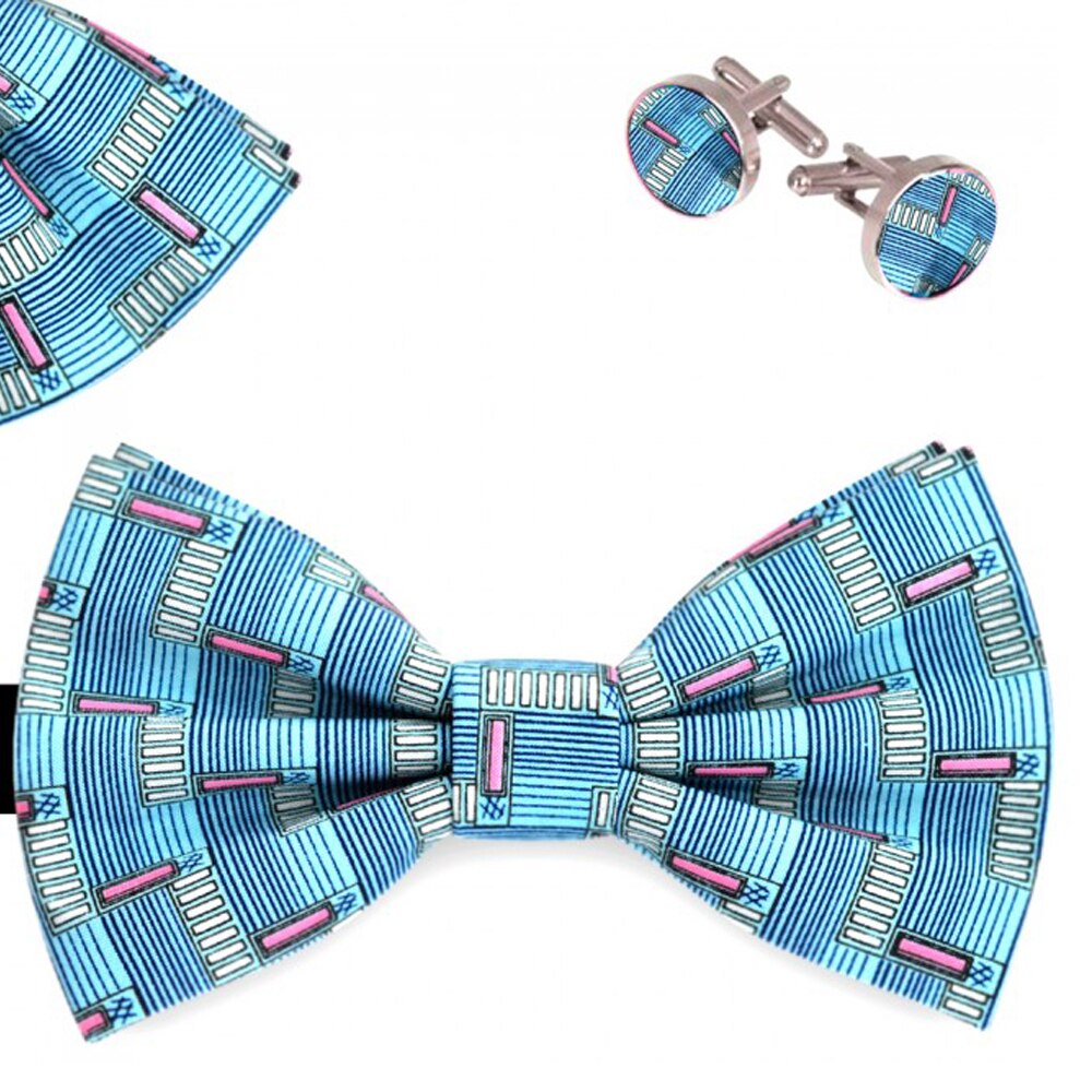 Set papion barbati, batista, butoni, albastru, model stil futurist