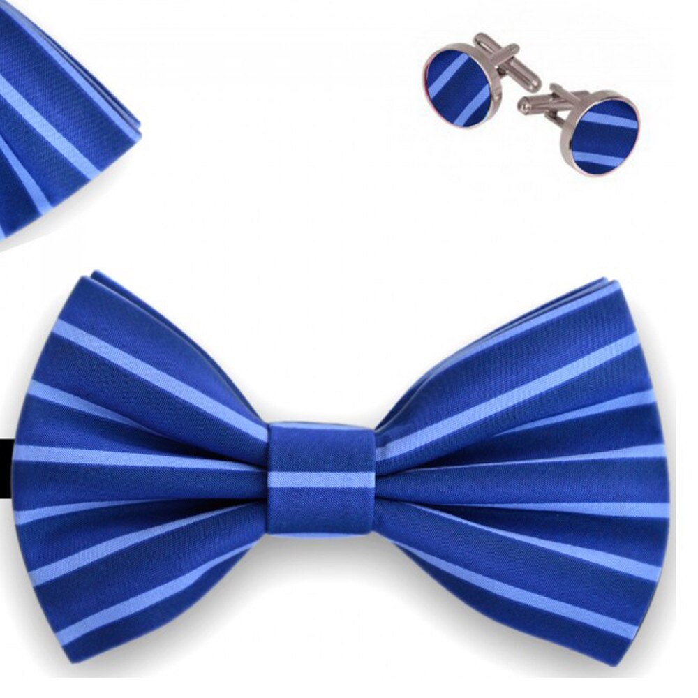 Set papion barbati, batista, butoni, albastru, model dungi azur