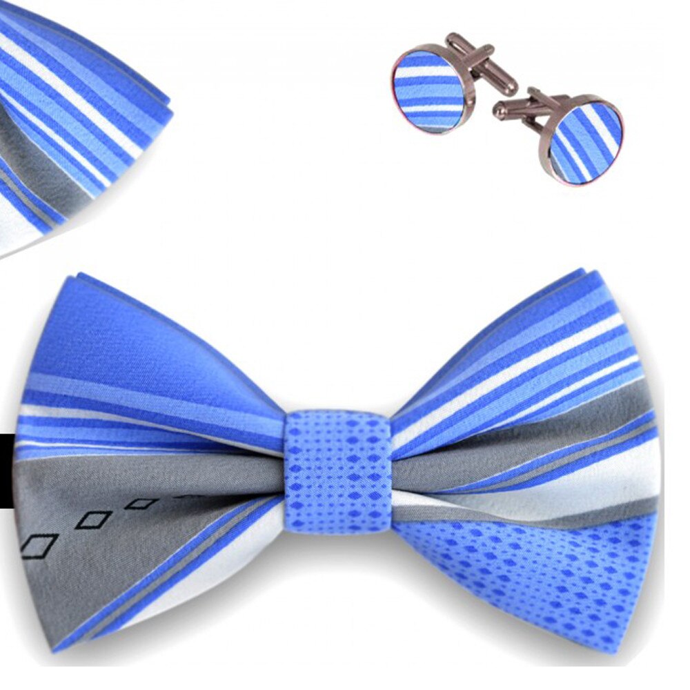 Set papion barbati, batista, butoni, albastru, dungi oblice