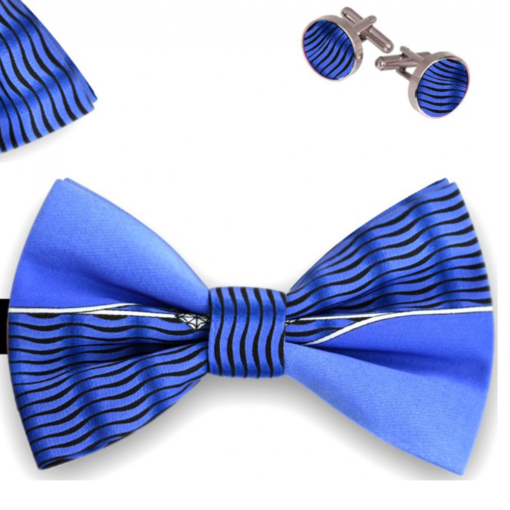 Set papion barbati, batista, butoni, albastru, model valuri negre