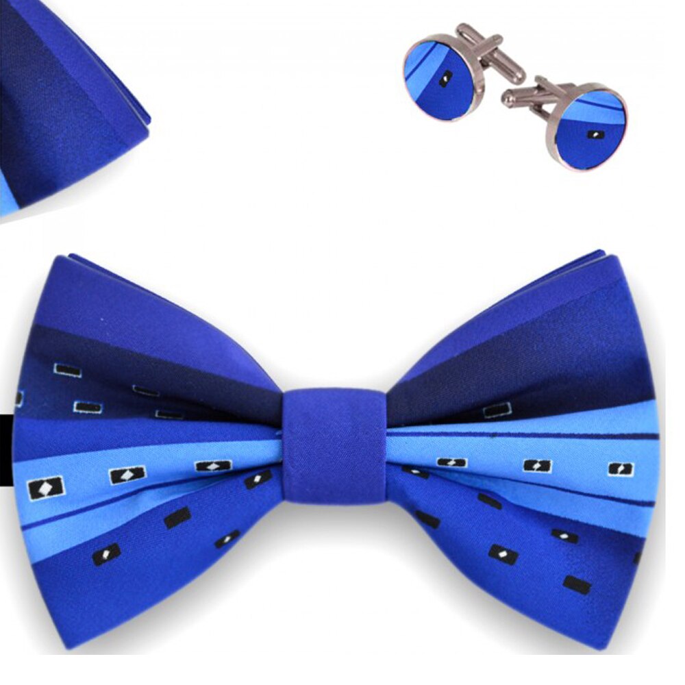 Set papion barbati, batista, butoni, albastru, model geometric