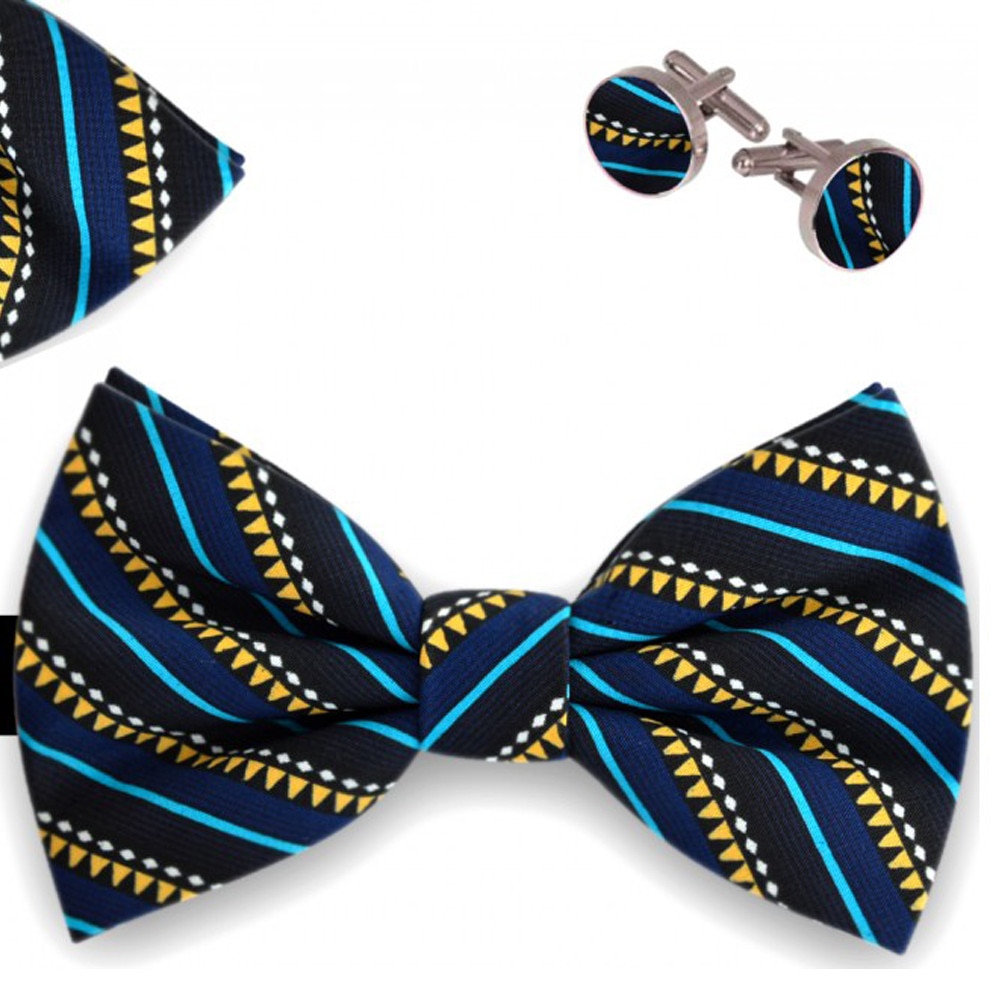 Set papion barbati, batista, butoni, negru, model mixuri de imprimeuri