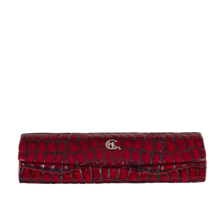 Etui ochelari, Canaletto, Piele naturala, Model crocodil, 16 x 7 cm, Maro rosiatic
