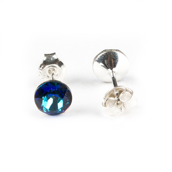 Cercei Belmondo cu cristale Swarovski® xirius,6 mm, tortita cu surub, culoare bermuda blue , argint 925 ‰
