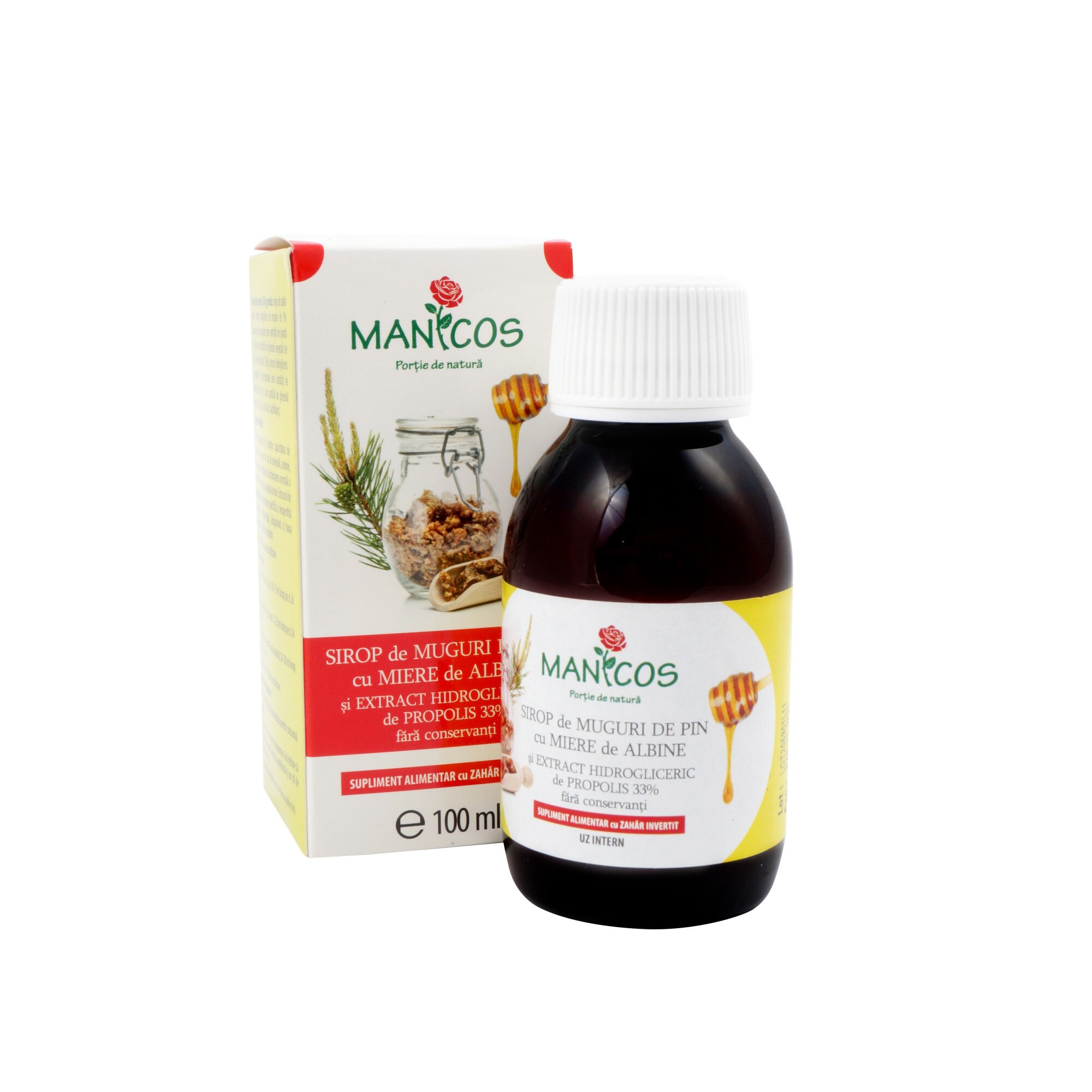 Sirop de muguri de pin cu miere de albine si propolis 100 ml - Manicos