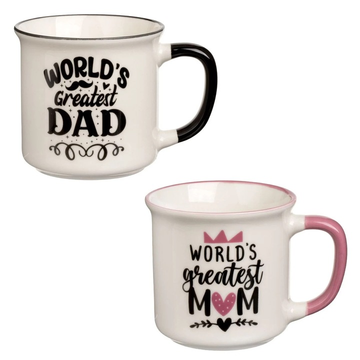 Set 2 cani ceramice multicolor "greatest mom & dad", 340ml, cu imprimeu inima și mustata