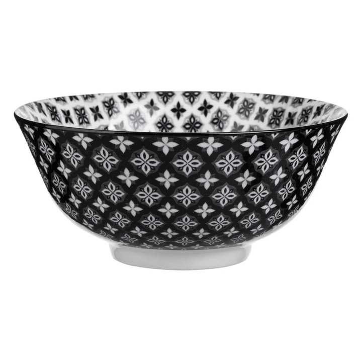 Bol din portelan negru alb cu model flori 800ml
