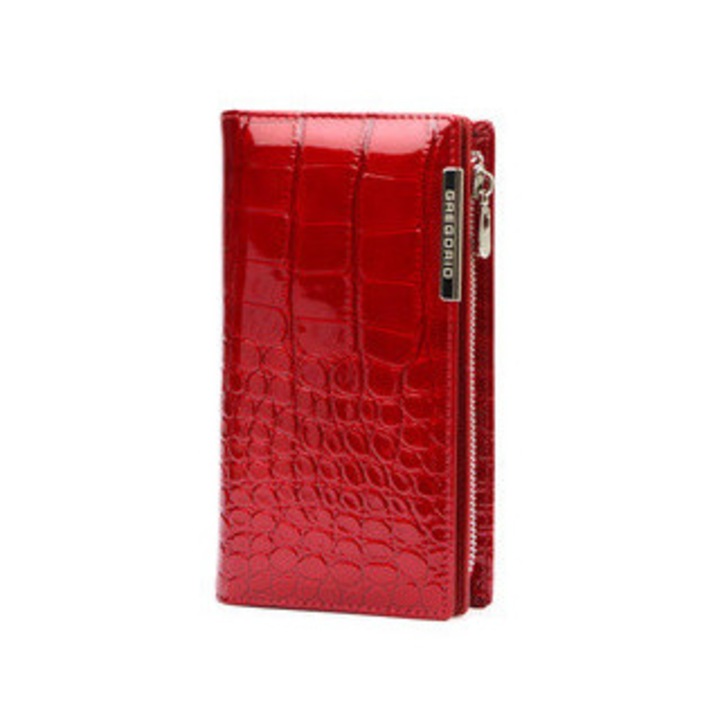 Portofel dama Gregorio, piele lacuita, design cu textura de piele de crocodil, 14 compartimente pentru carduri, culoare neagra