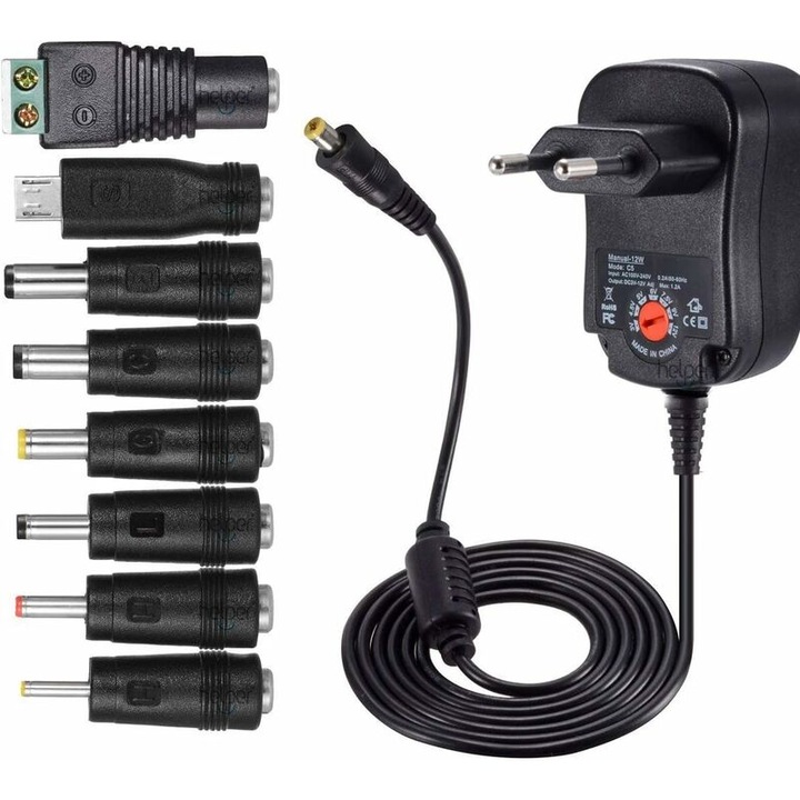 Adaptor de alimentare universal de 12W, 3/4, 5/5/6/7, 5/9/12V, 8 conectori, cablu de aproximativ 115 cm, maxim 1000mA